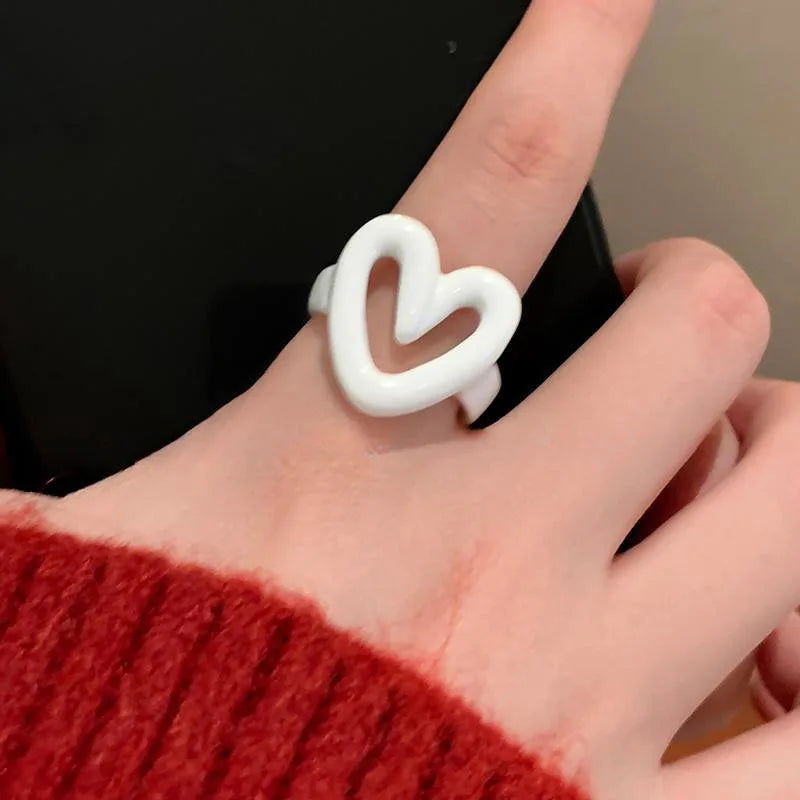 New Trendy Two-color Black Heart Rings For Women Minimalist Aesthetic Drop Of Oil Open Rings Female Metal Punk Party Jewelry