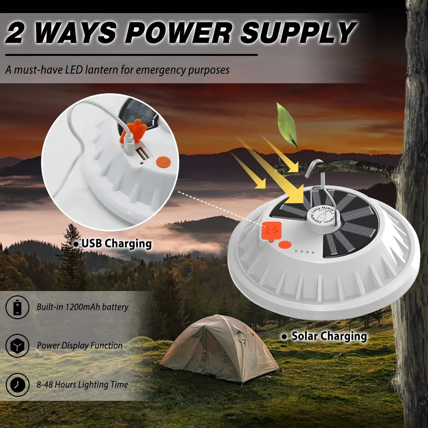 60/120 LEDs Solar Rechargeable Camping Lantern,Bright Portable LED Light w/ Remote,Power Bank,Hook,Outdoor,Camping,BBQ,Emergency