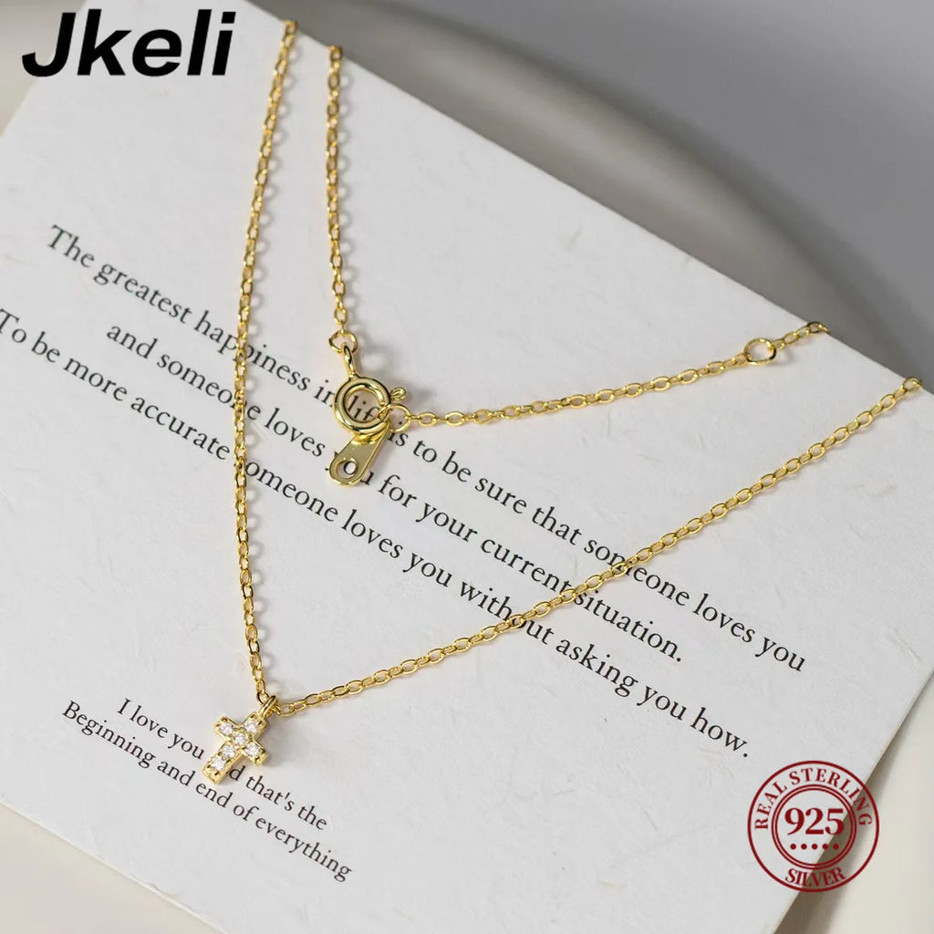 Jkeli 925 Sterling Silver Simple Pavé Crystal Cross Pendant Necklace Women Classic Temperament Wedding Party Jewelry  Gift