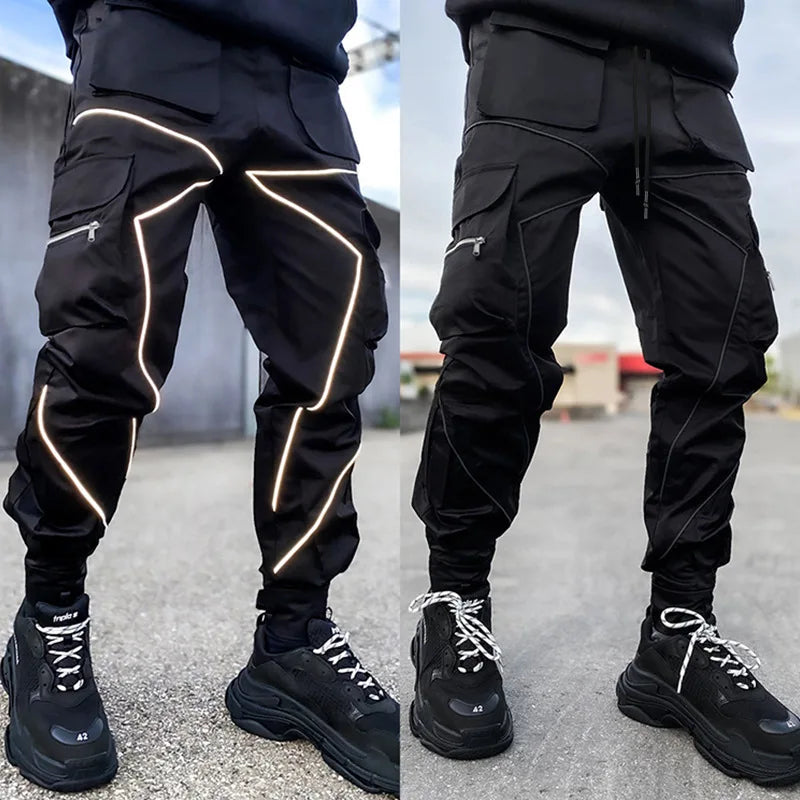 Mens Casual Black White Patchwork Cargo Pants Loose Plus Size Striped Multi Pocket Jogging Sports Fitness Hip Hop Jogger Trouser