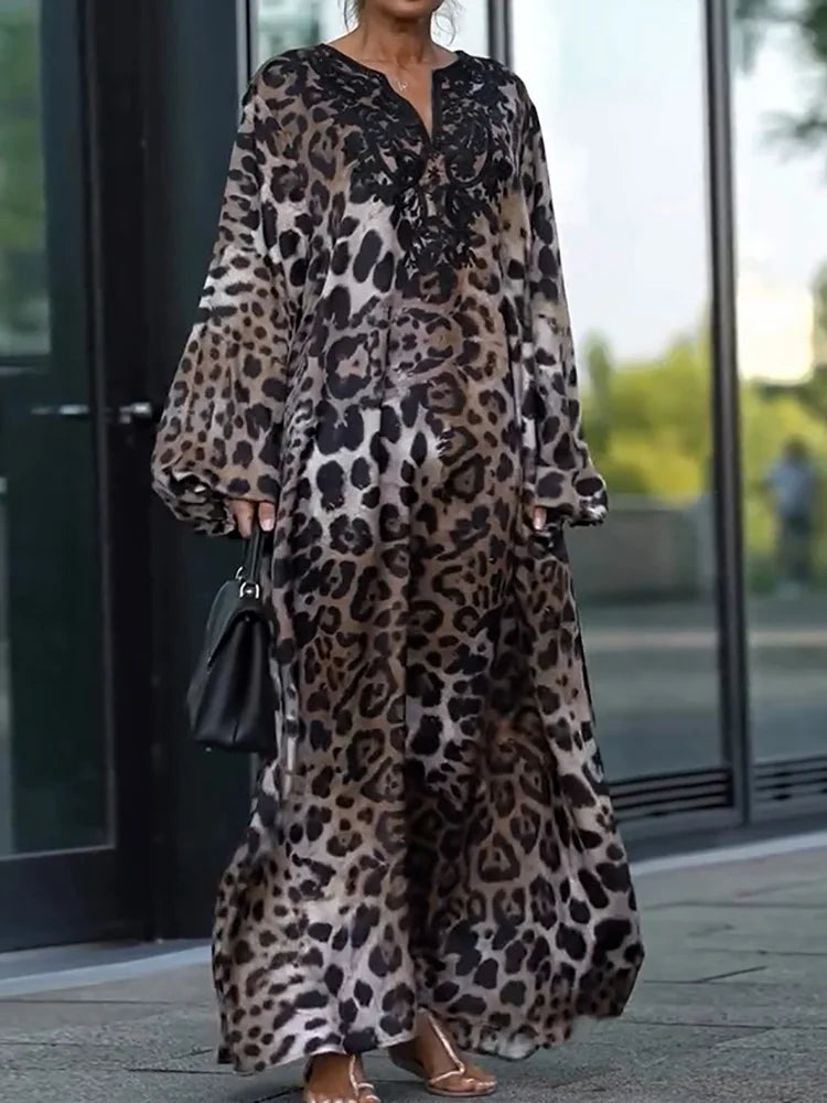 Leopard Patchwork Simple Fashion Party Dress, Women Spring Autumn Lantern Sleeve Maxi Dress, Elegant Print V Neck Ladies Dress