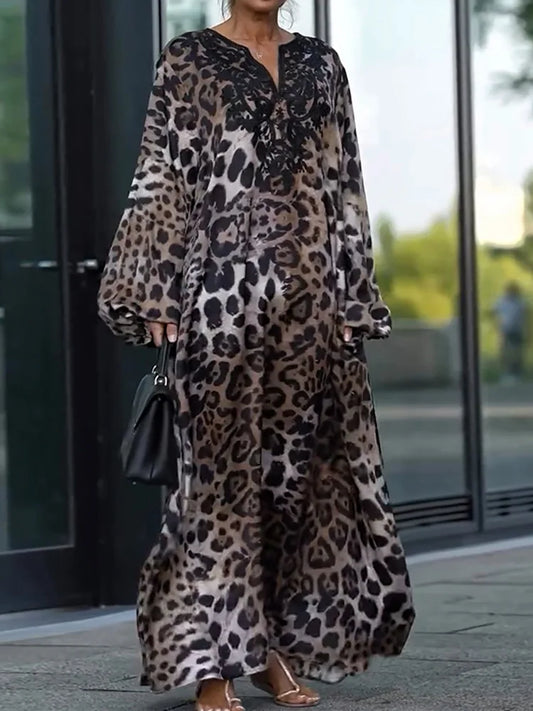 Leopard Patchwork Simple Fashion Party Dress, Women Spring Autumn Lantern Sleeve Maxi Dress, Elegant Print V Neck Ladies Dress