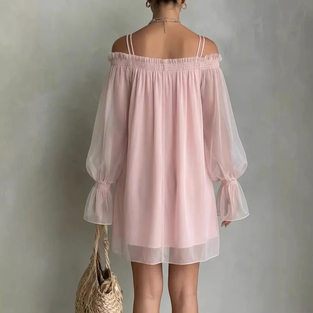 Double Strap Vestidos Off Shoulder Dress Sexy Sweet Vestido Fairy Mini Loose Dresses Summer New Sheer Mesh Long Sleeve Ropa Muje