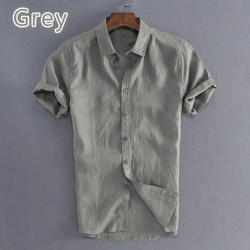 Hot Sale Men's Short-Sleeved Shirts Cotton Linen Summer Solid Color Turn-down Collar Quick Drying Casual Beach Style Plus Size