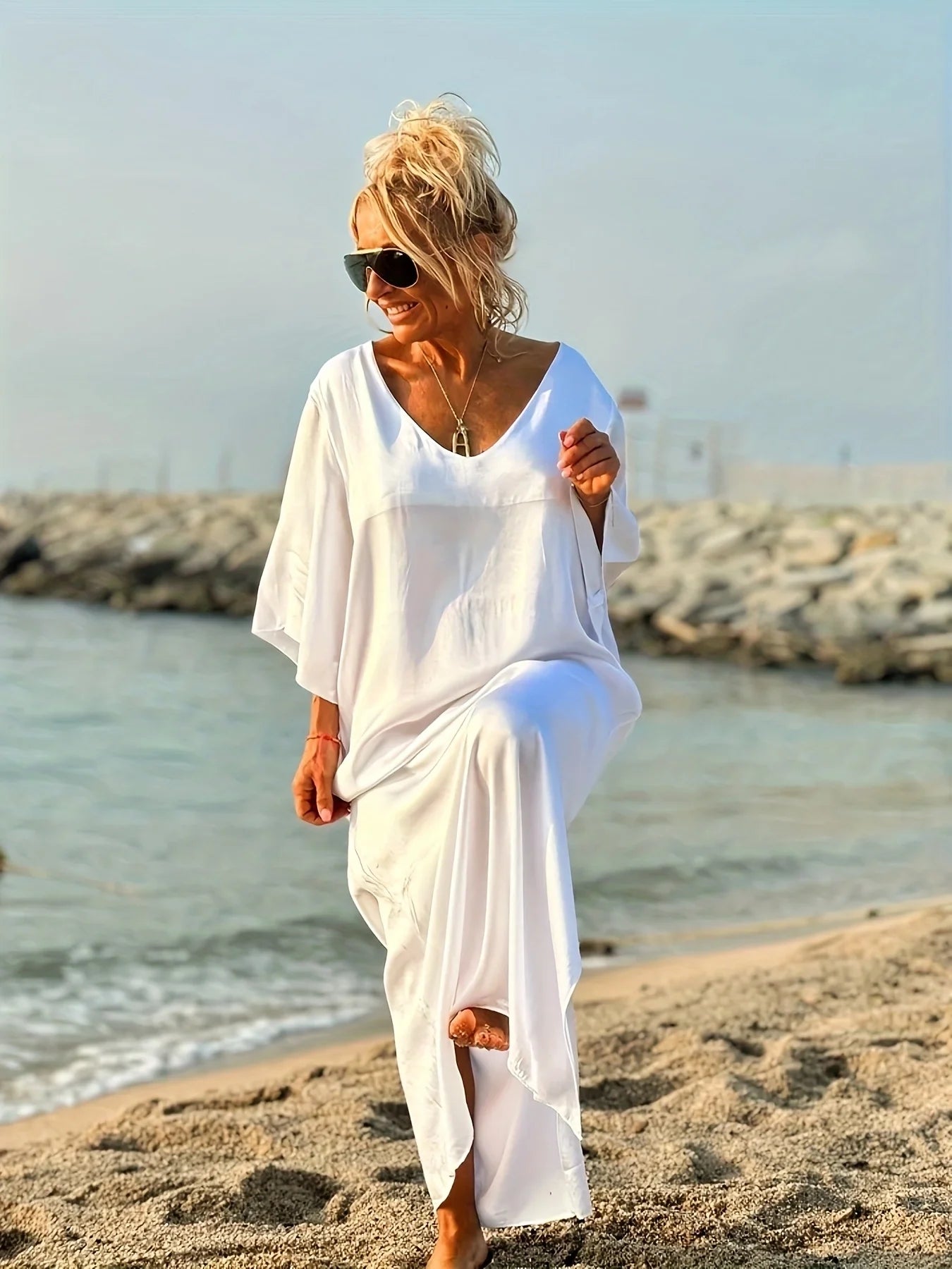 Plus Size Women's White V-Neck Batwing Sleeve Loose Maxi Dress - Beach Vacation Cover-Up Style (0XL-4XL)