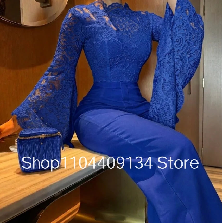 White Lace Trousers Formal Evening Gown Elegant Gowns Bell-Sleeves and Straight Trousers Arabic Prom Dress Customized vestido