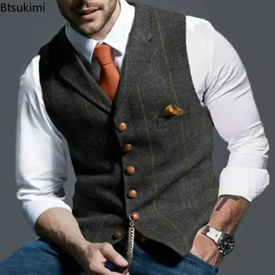 2026 Men's Formal Vests Lapel Tweed Plaid V-neck Waistcoat Slim Vest Business Formal Dress Suit Casual Wedding Tuxedo Male Vest