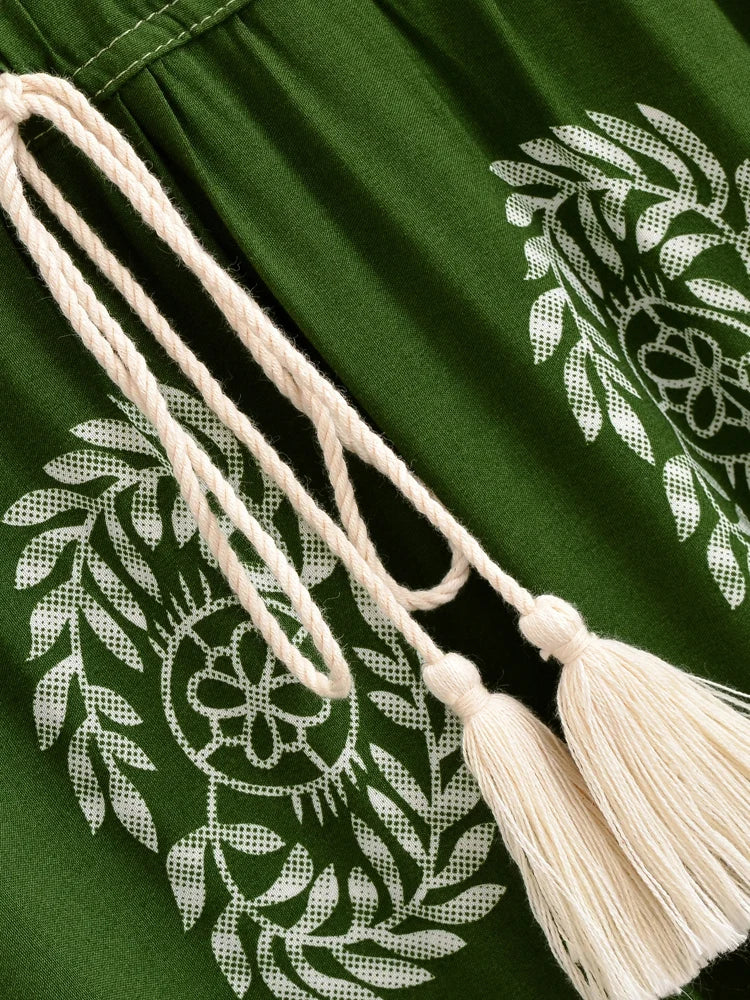 Vintage Chic Women Green Wild Floral Long Sleeve Tassel Beach Bohemian Dress Ladies Deep V-neck Autumn Boho Maxi Dress Vestidos