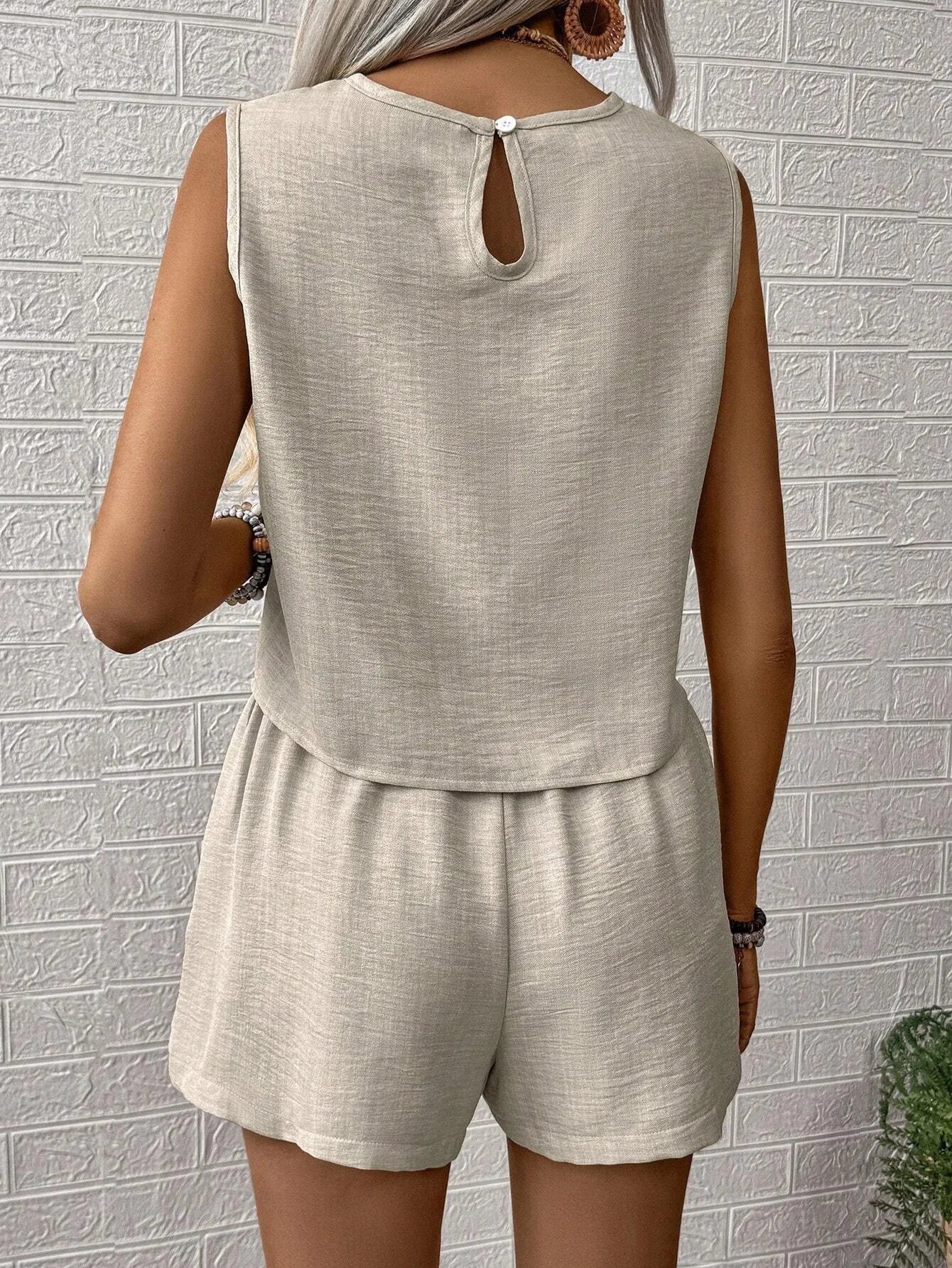 Summer 2 Pieces Clothes Set Women's Outfits Solid Color Fashion Casual Sleeveless Tops and Shorts Sets Outwear