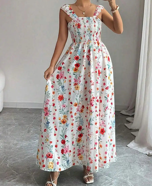 Women Romantic Bohemian Maxi Sundress, Multicolor Floral Print Tie Strap Smocked Back Tiered Long Dress For Summer Beach
