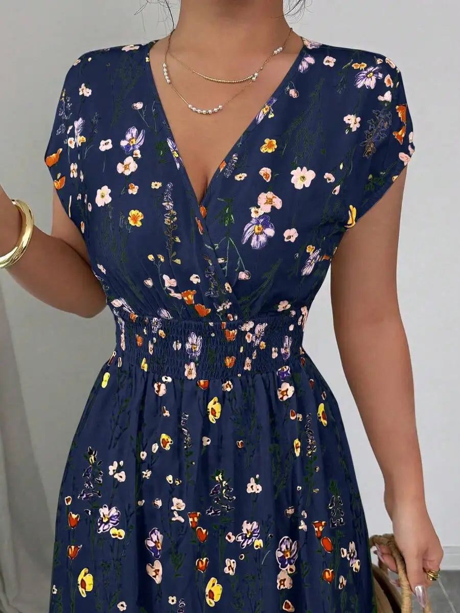 Women's Floral V-Neck Sleeveless Waist Cinched Maxi Dress Navy Blue Floral Summer Boho Holiday Tea Party