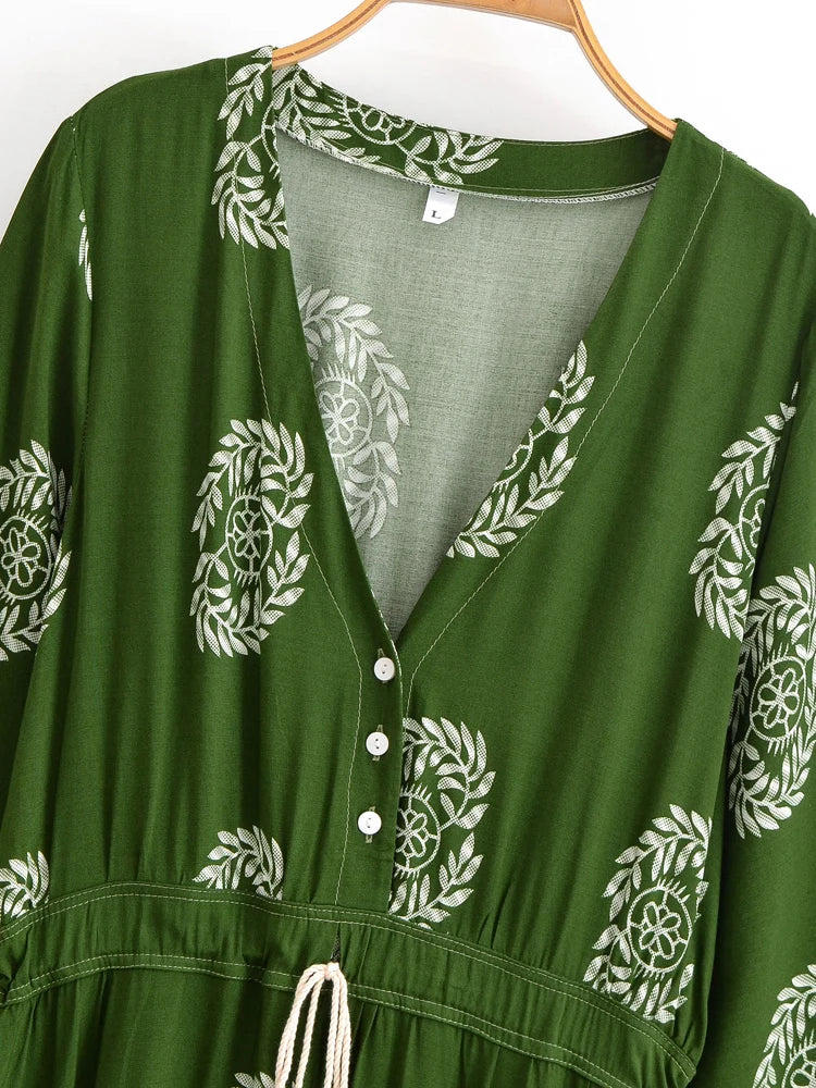 Vintage Chic Women Green Wild Floral Long Sleeve Tassel Beach Bohemian Dress Ladies Deep V-neck Autumn Boho Maxi Dress Vestidos
