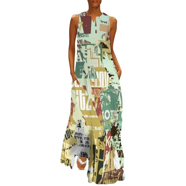 Newspaper Collage Print Dress Women Elegant Maxi Dress Street Style Casual Sleeveless Long Dress Summer V-Neck Pattern Vestidos