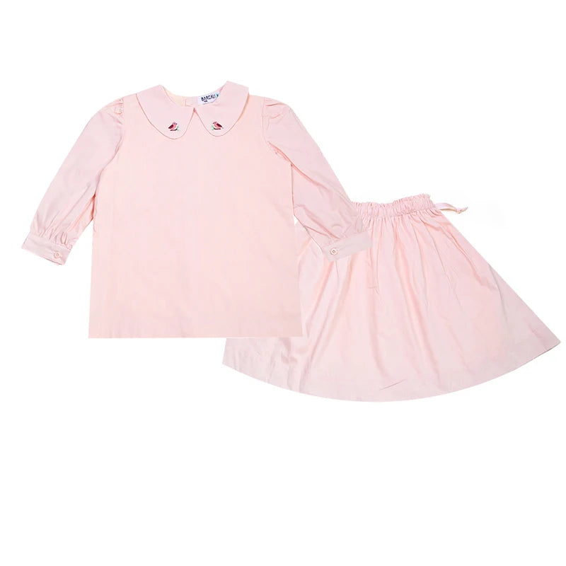 Summer Children's Family Clothes Set Pink And Blue Woven Fabric Boy's Vest And Girls' Dress Baby Romper Outfit with Lining Layer