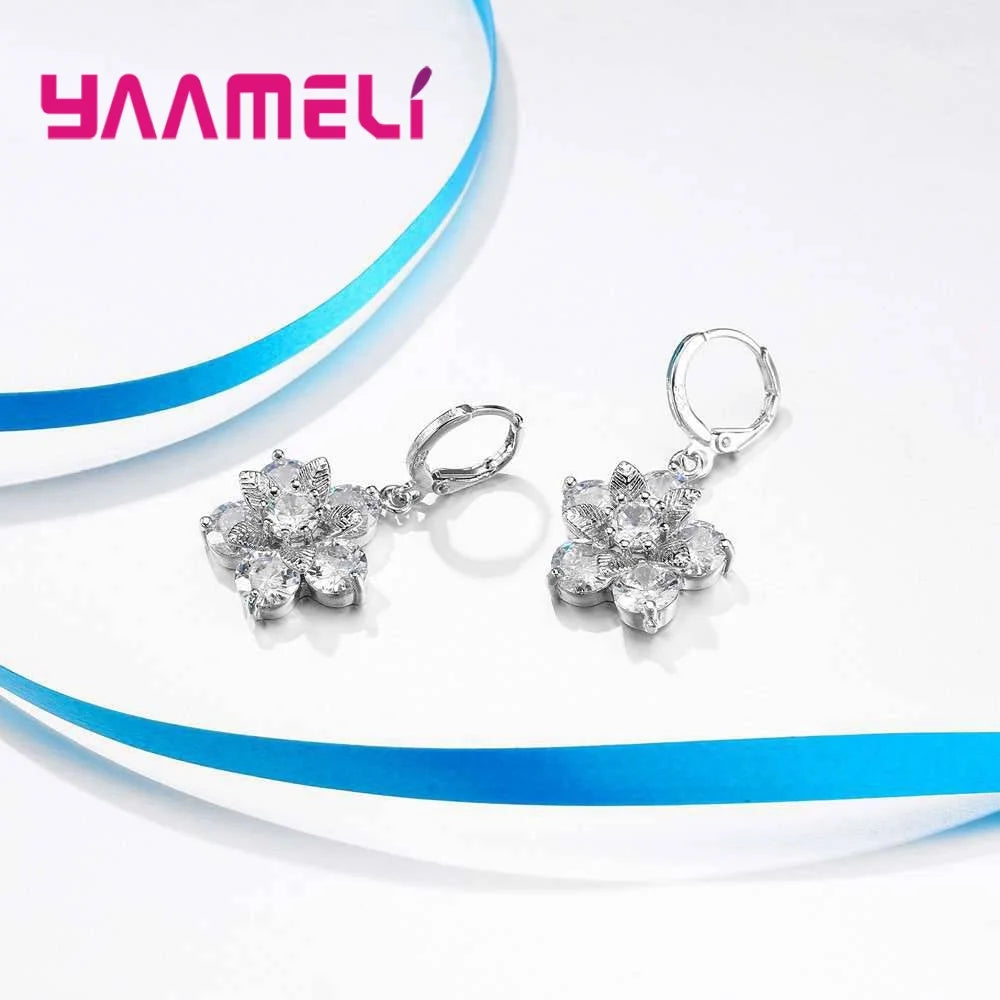 Popular Stylish Jewellery Flowers With Leaves Leaf Women Wedding Party Silver Color Jewelry Sets Paved 3A Zirocon