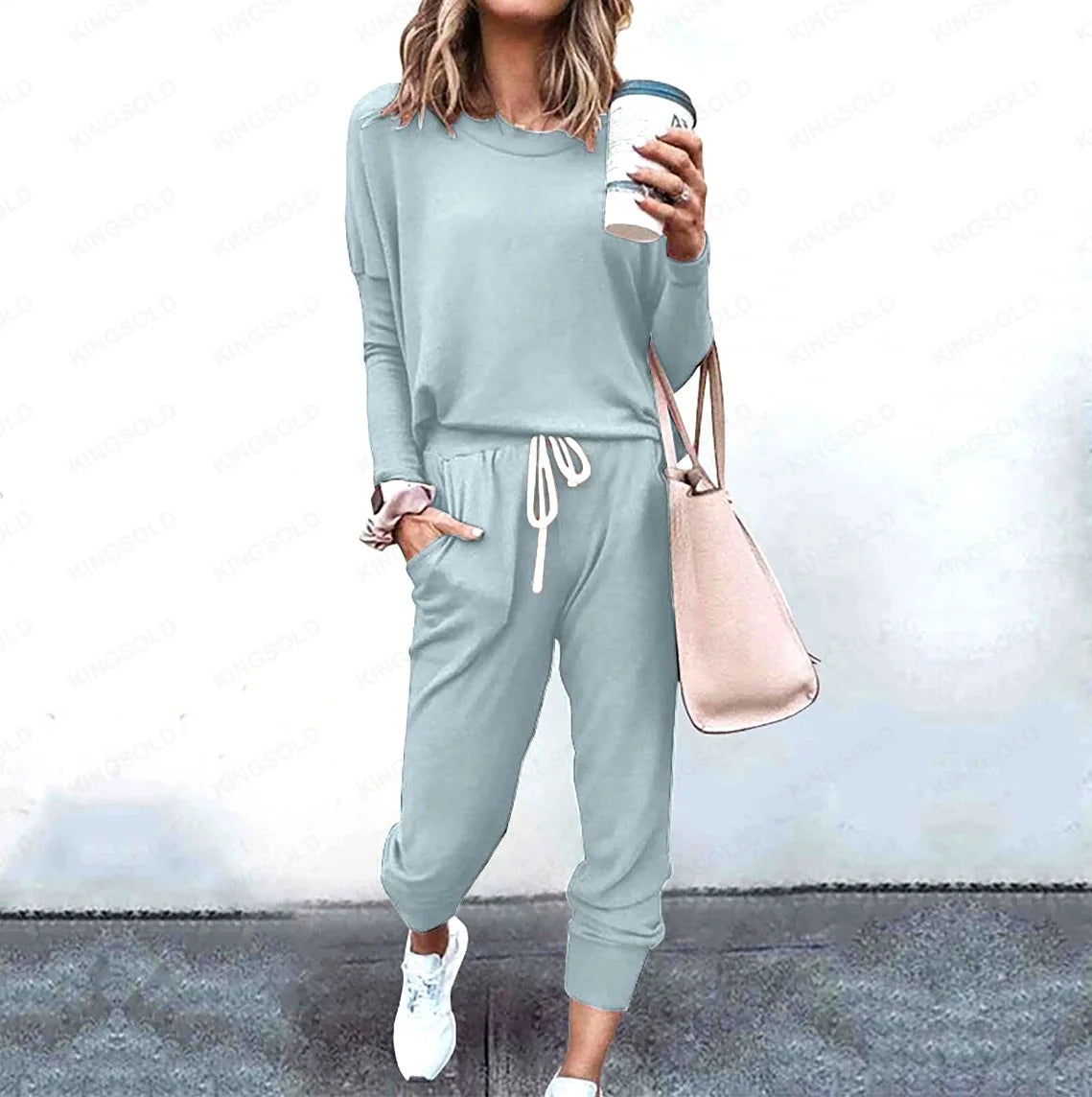 Women Casual Two Piece Outfit Set Long Sleeve Top and Drawstring Pants Loungewear
