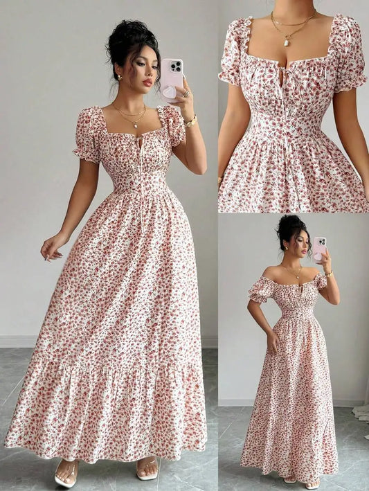Women's White And Pink Digital Print Ruched Front Tie,Back Lace-Up Long Dress,Elegant Summer Boho Holiday Picnic Holiday