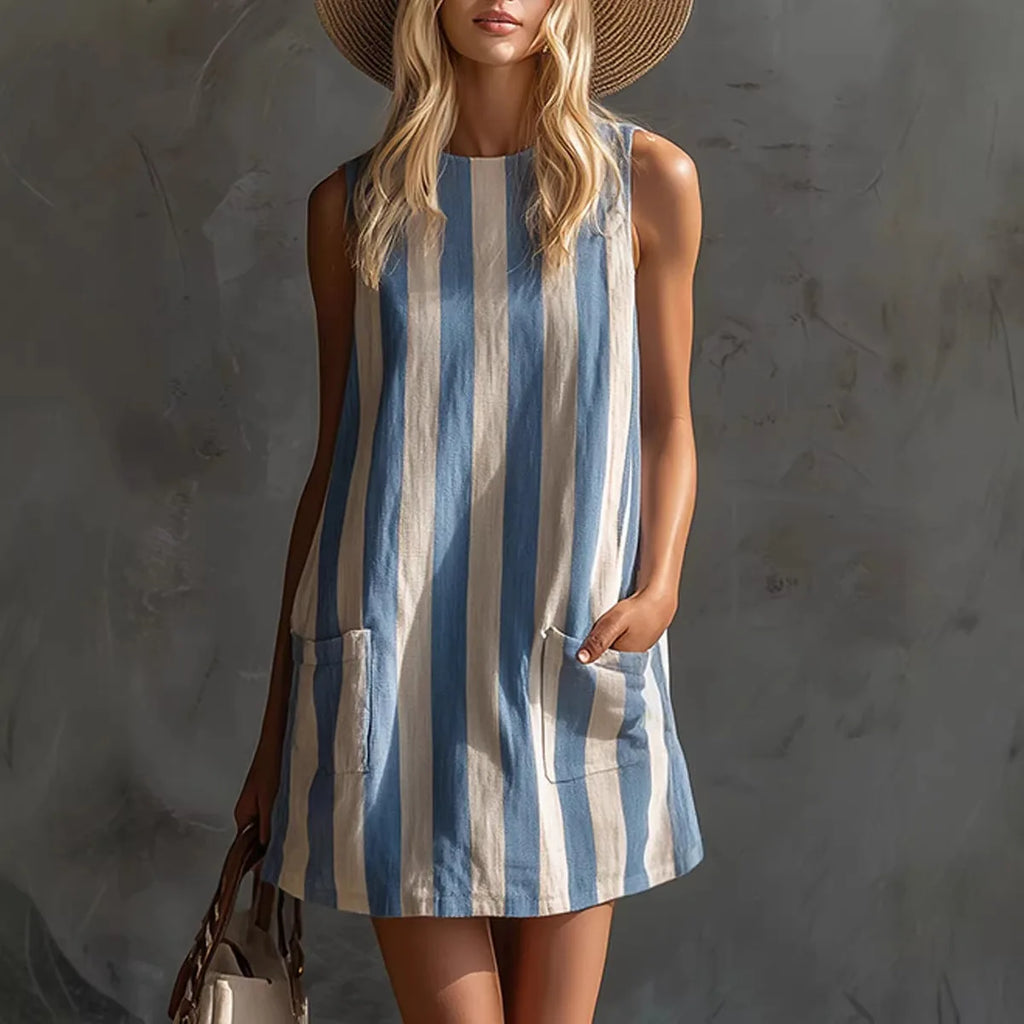 Women's Casual Dresses Woman Clothes Elegant Party Summer Dress Female Clothing Fashion Striped Sleeveless Round-neck Mini Dress