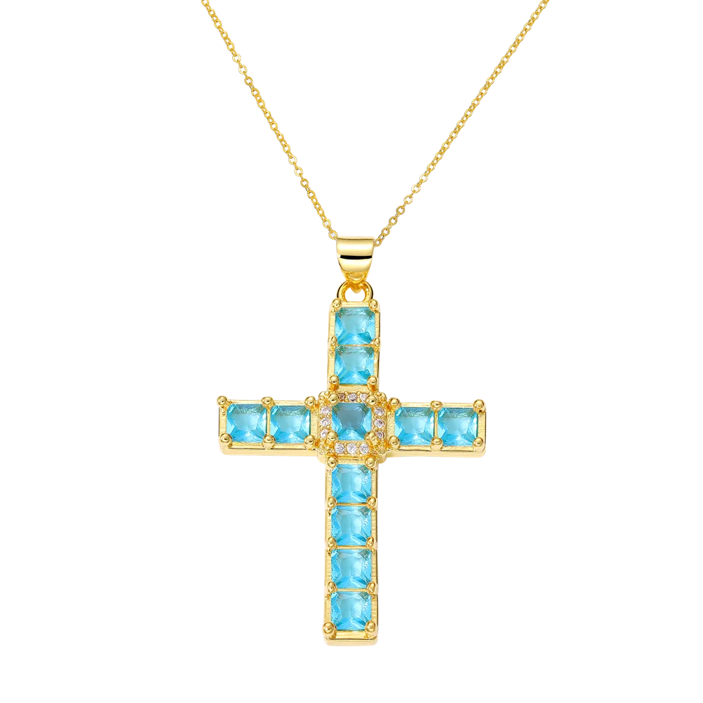 Juya 18K Real Gold Plated Handmade Decoration Cubic Zirconia Enamel Cross Pendant Necklace For Women Christian Jewelry Supplies