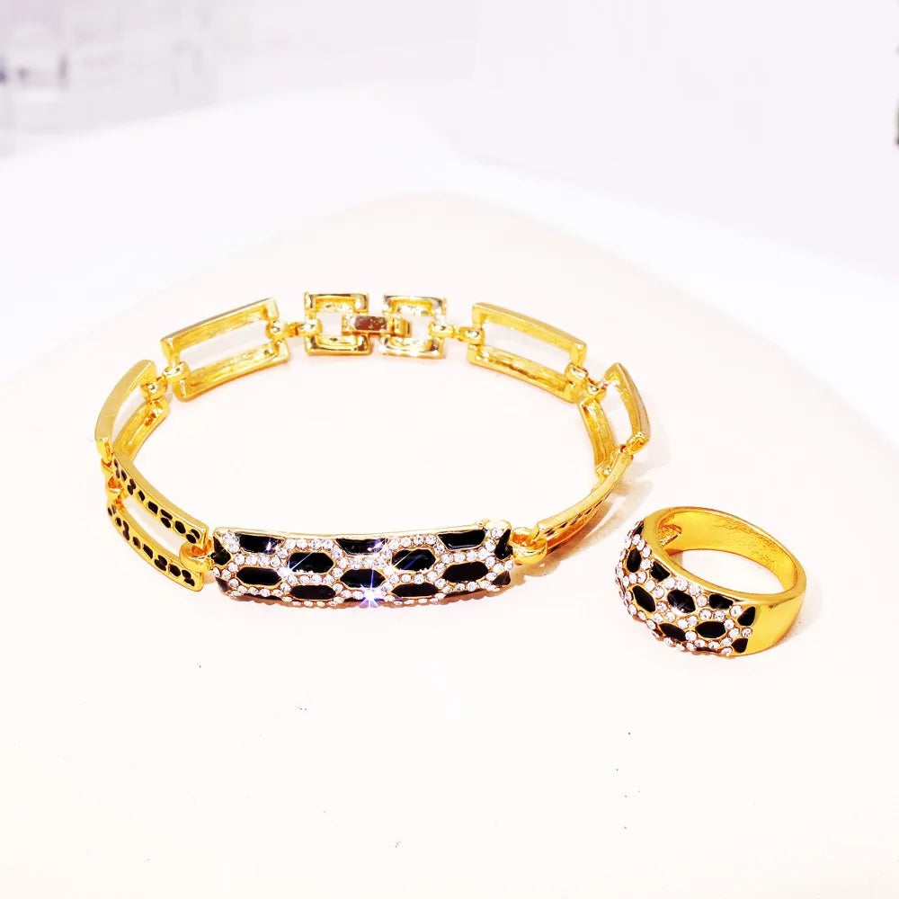 GZJPEI Elegant Women Jewelry Set Black Enamel Necklace Earrings Bracelet Ring With White Zircon For Bridal Wedding Gift