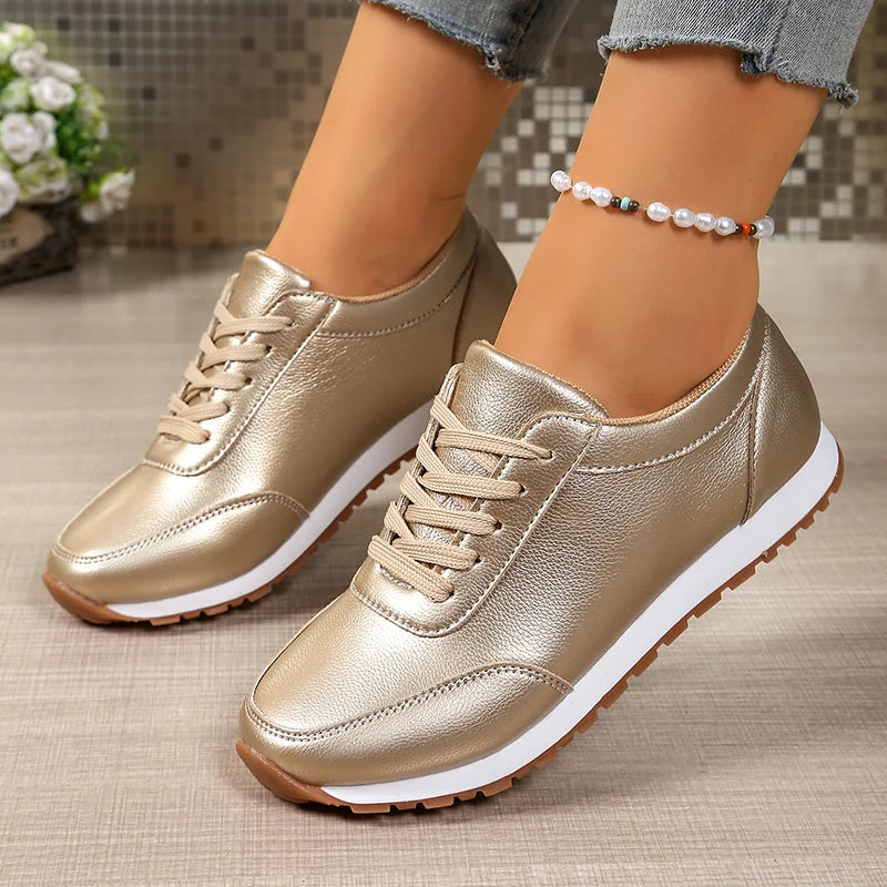 Golden Lace-up Platform Sneakers for Women