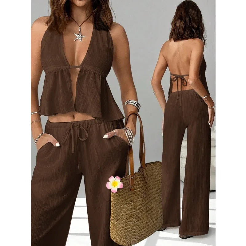 Women 2 Piece Outfits Halter Backless Tie Up Crop Top and Wide Leg Pants Casual Summer Vacation Two Piece Loungewear Tracksuit