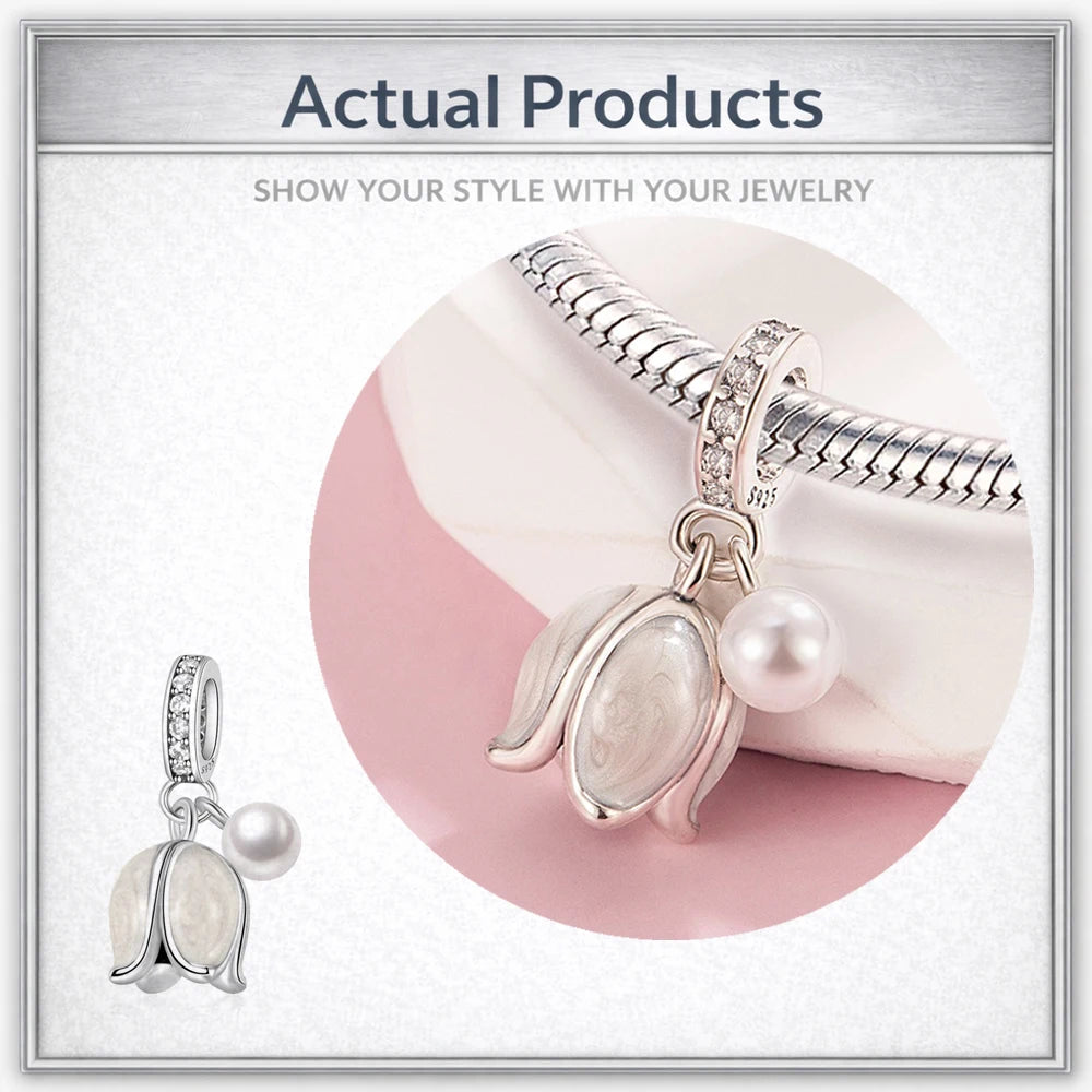 SilJew Original Silver Plated White Lily of the Valley with Pearl Dangle Charm Fit Bracelets & Necklaces Women Jewelry DIY Beads