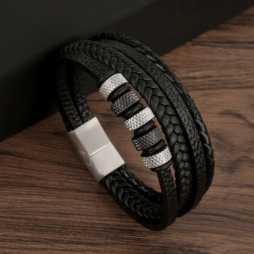 Classic 4-Layer Tiger Eye Stone Hand-Woven Leather Bracelets For Men Punk Fashion Alloy Magnetic Buckle Casual Bracelet Jewelry