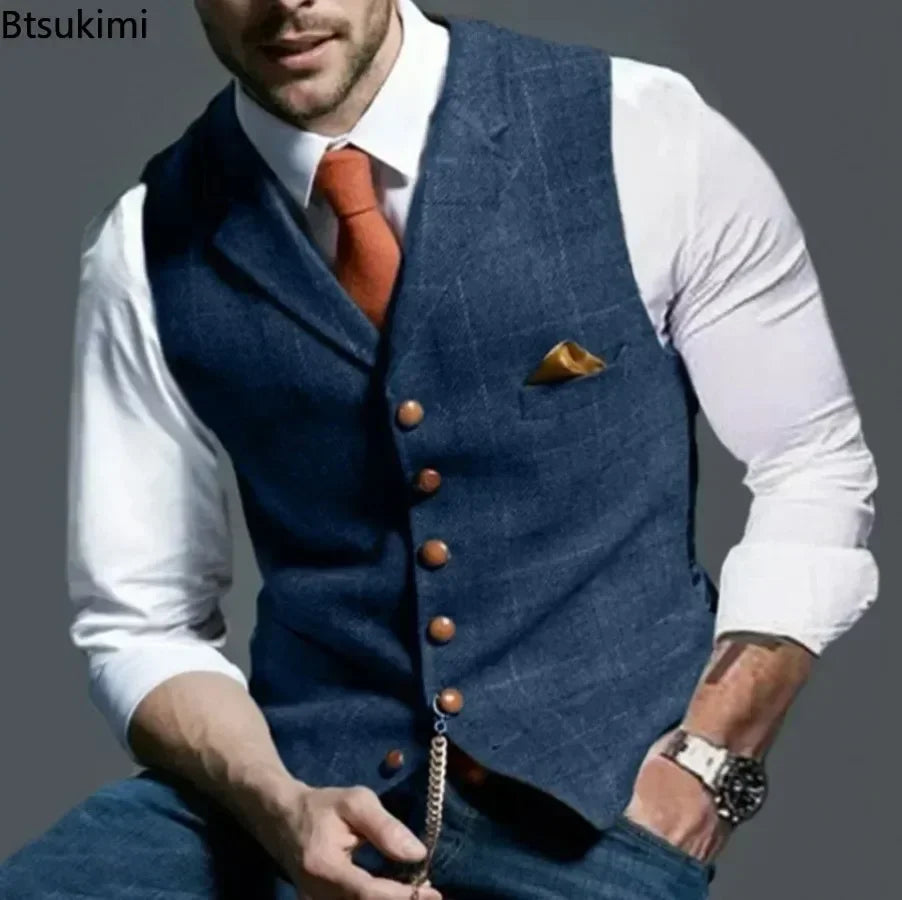 2026 Men's Formal Vests Lapel Tweed Plaid V-neck Waistcoat Slim Vest Business Formal Dress Suit Casual Wedding Tuxedo Male Vest