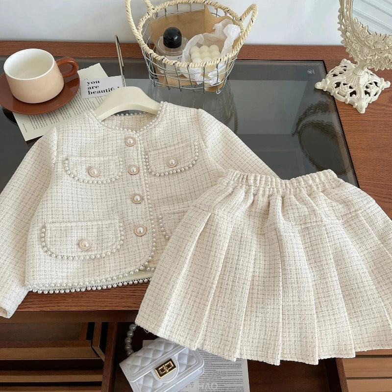 Teen Girl Clothes 2025 Tweed Two Piece Skirt Sets Luxury Designer Outfit Coat Suit Costume Kids Clothing Children Beige Boutique