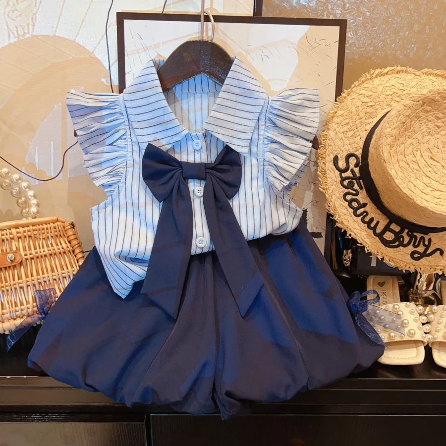 New Girls Clothes Set College Style Shirt Tops+Shorts Fashion Baby Girl Clothes Summer 2025 Suits 2-9Yrs