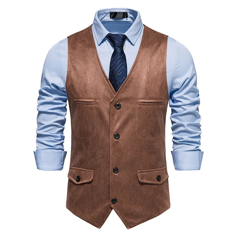 Fashion Men Clothing High Quality Suede Suit Vests Men's V Neck Sleeveless Business Formal Waistcoats Wedding Party Dress Vests