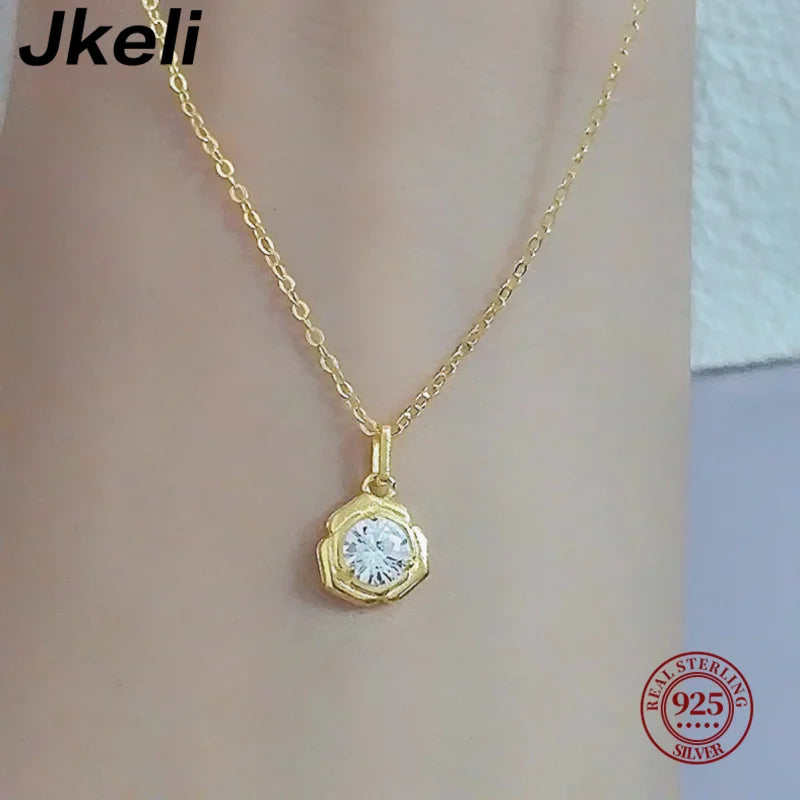 Jkeli Fashion 100% 925 Sterling Silver Necklace For Women 18K gold Plated 5A Zircon Pendant Necklace Real Money Fine Jewelry