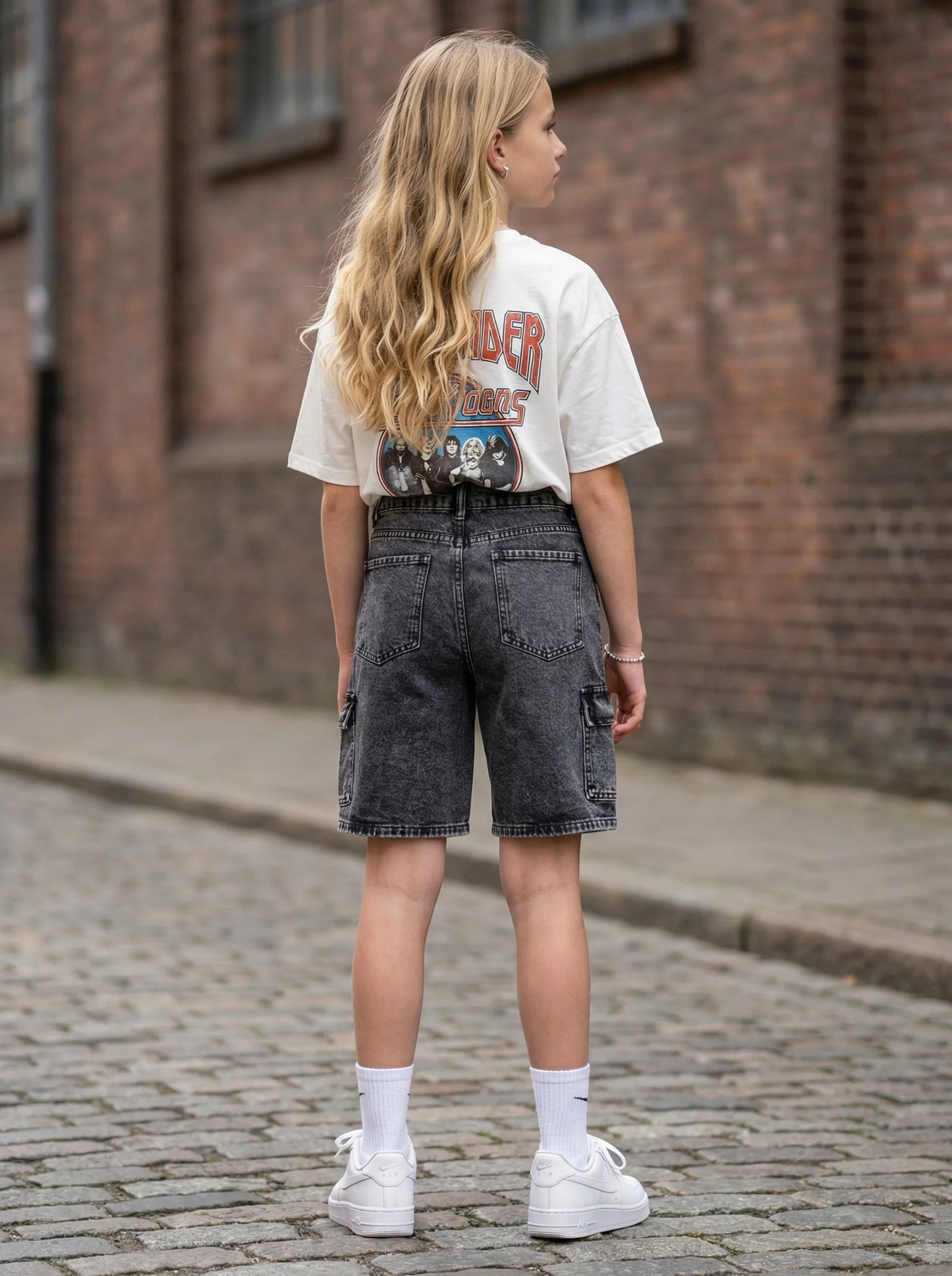 Teenage Girls 13-16 Years Old Workwear Multi-Pocket Five-Quarter Denim Jeans with Adjustable Waist And Snowflake Craft