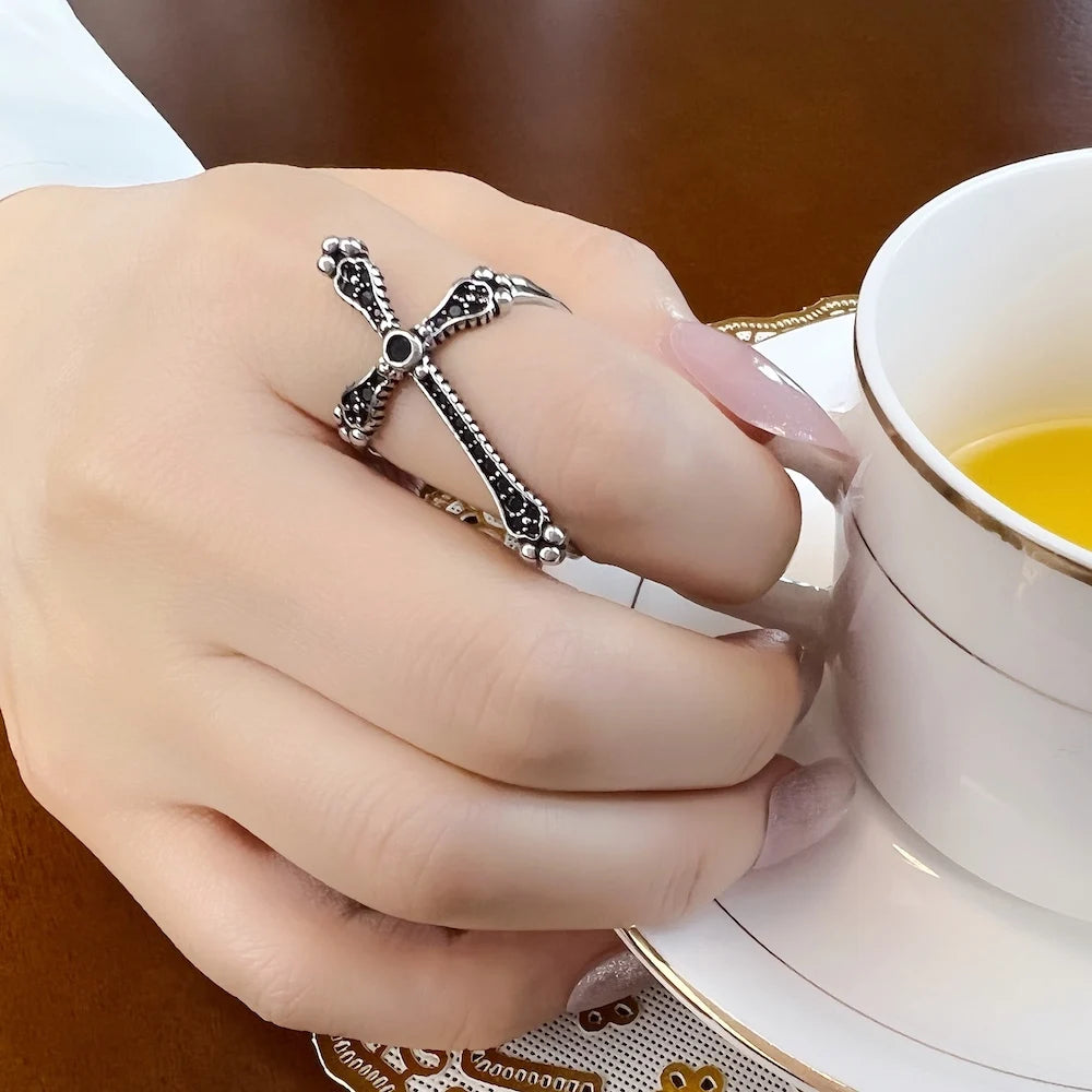 Royalty Cross Black Stones Ring,Victorian Fine Jewerly For Women,2023 Spring Vintage Gift In 925 Sterling Silver