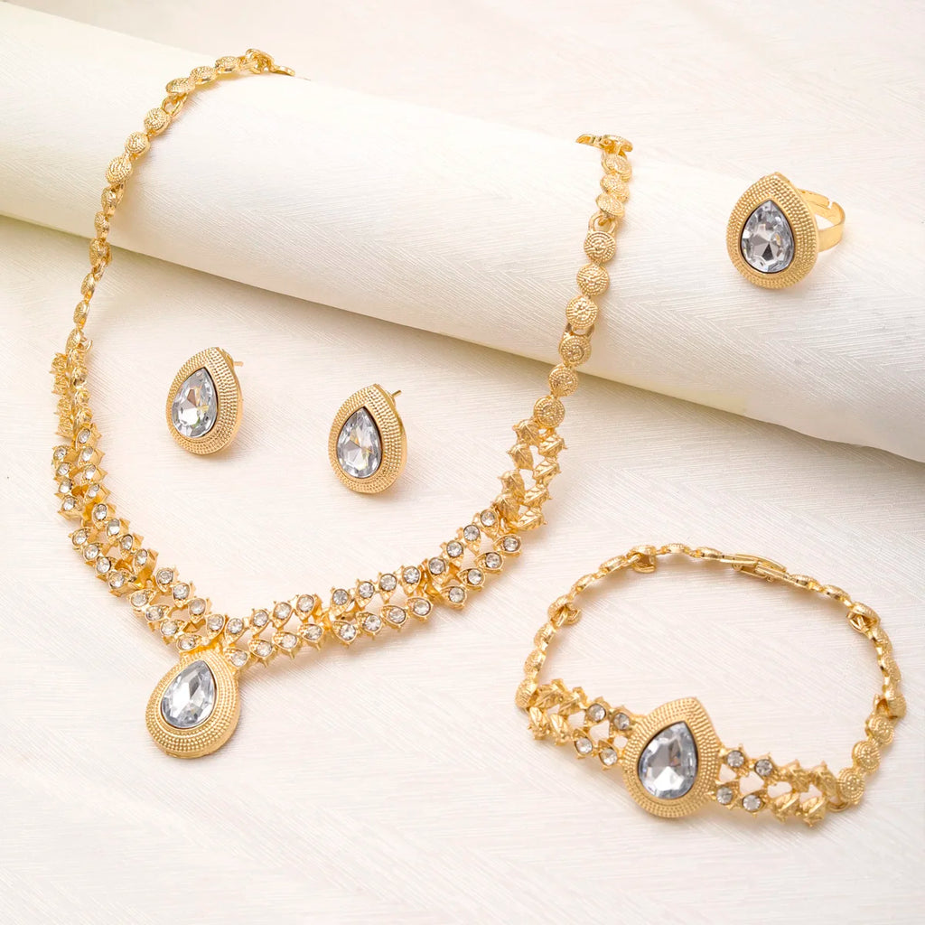 Liffly Dubai Gold Color Zircon Jewelry Sets for Women Bridal Indian Necklace Nigerian Wedding Jewelry Bracelet Earring Ring