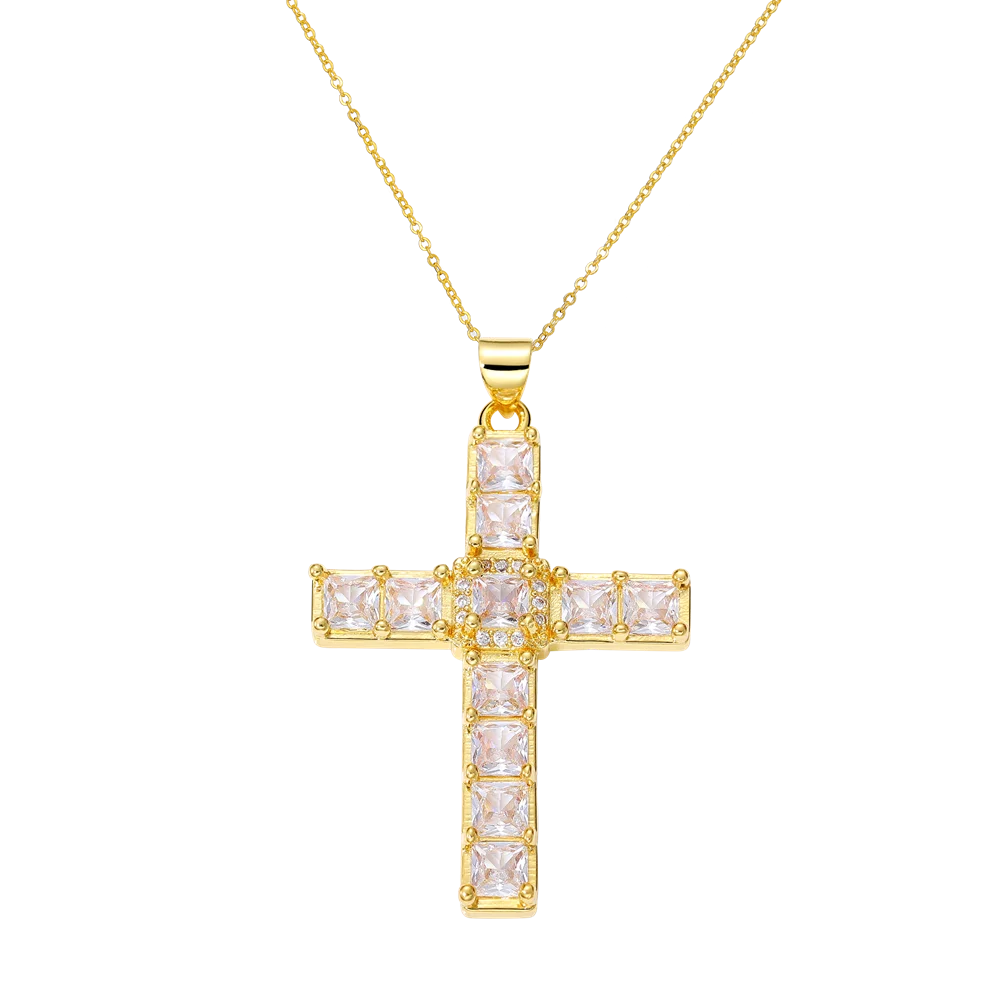 Juya 18K Real Gold Plated Handmade Decoration Cubic Zirconia Enamel Cross Pendant Necklace For Women Christian Jewelry Supplies