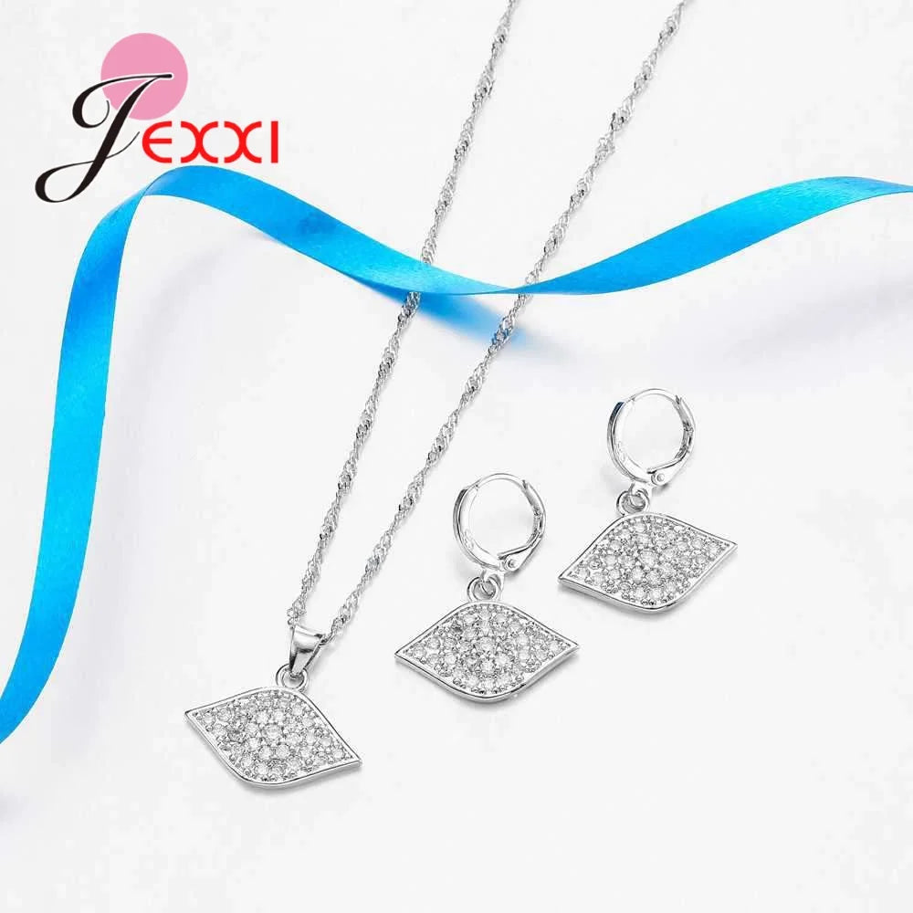 Noble Ladies Accessories Shiny Crystal Necklace Earrings 925 Sterling Silver Big Eye Zircon Design Jewelry Sets