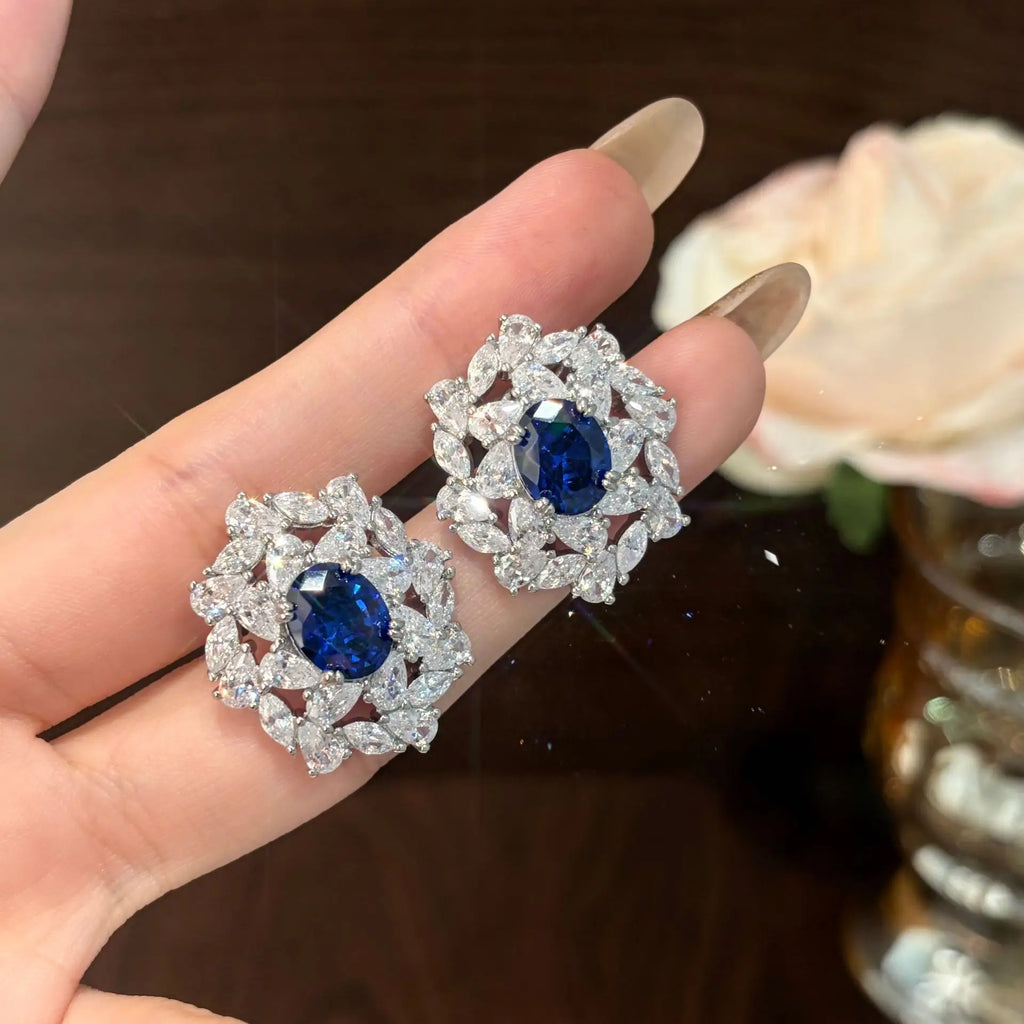 luxury quality jewelry sets brilliantly full diamonds blue earrings silver exquisite flower rings necklace wedding accessories