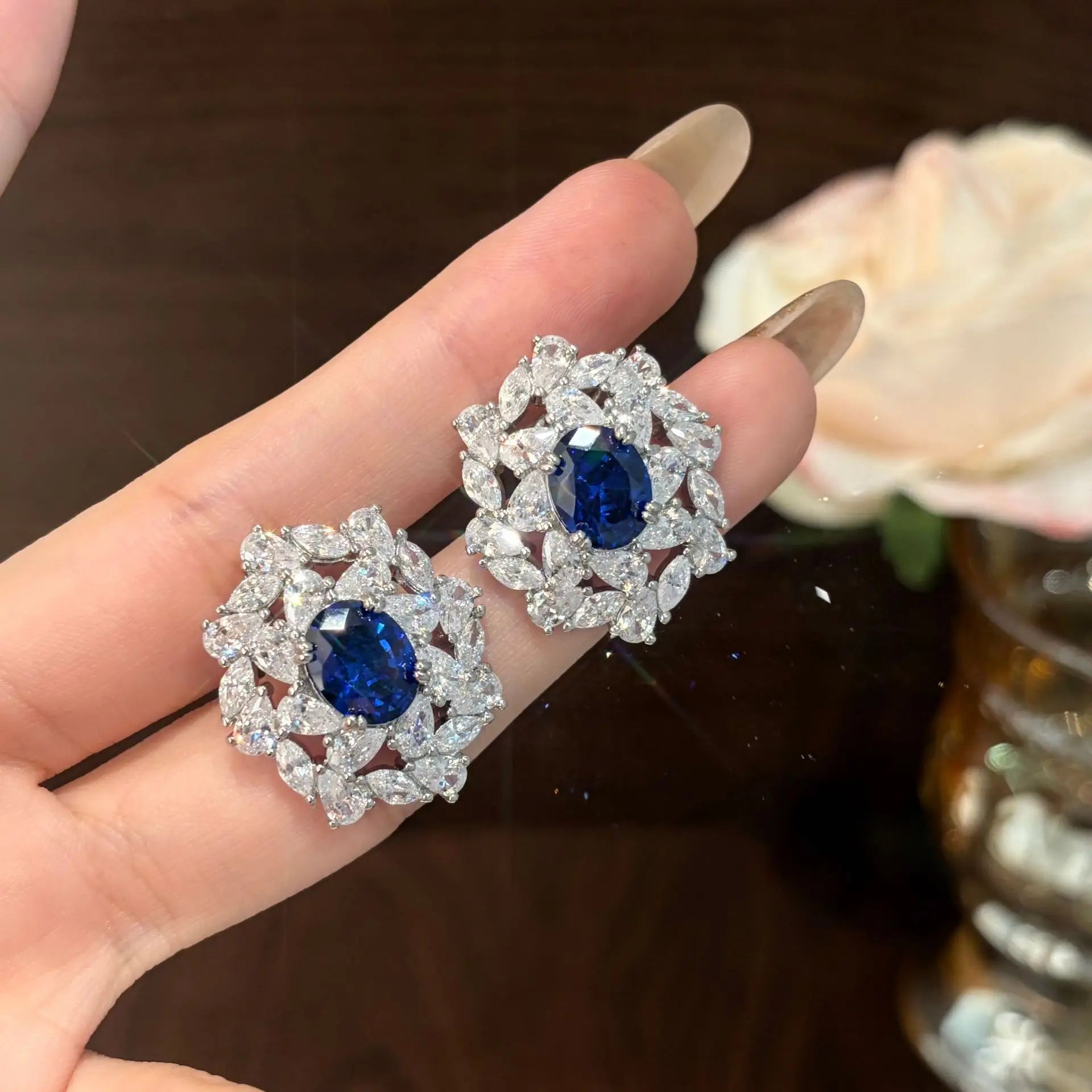 luxury quality jewelry sets brilliantly full diamonds blue earrings silver exquisite flower rings necklace wedding accessories