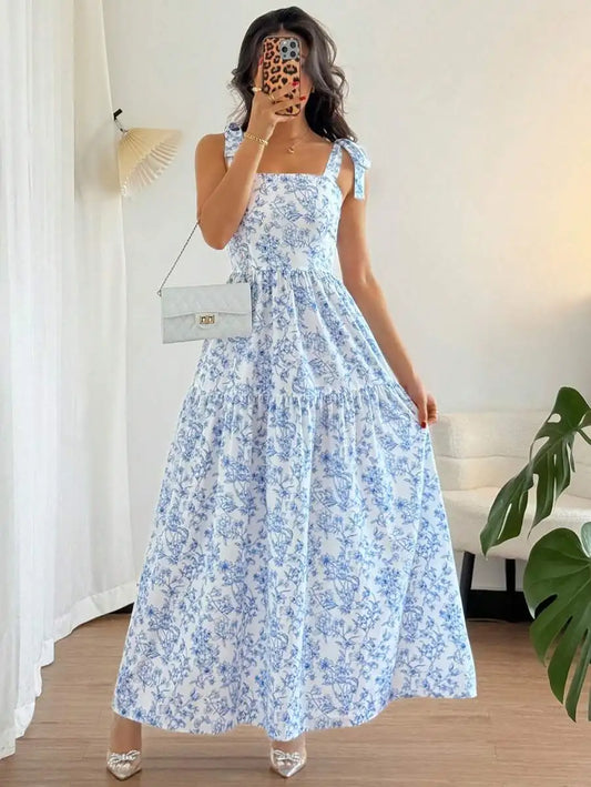 French Elegant Pleated Flounce Floral Print Long Dress, Sleeveless V-Neck Ruffled Dress, Summer New Ladies Light Blue Gown Blue