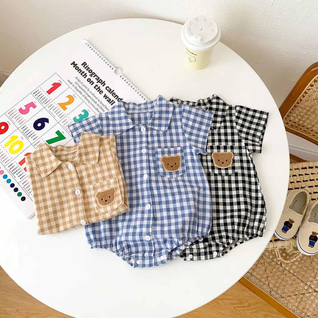 Baby Summer Clothes Boys Checked Bear Embroidered Shirt Collar Short-Sleeved Jumpsuit Children's Clothing