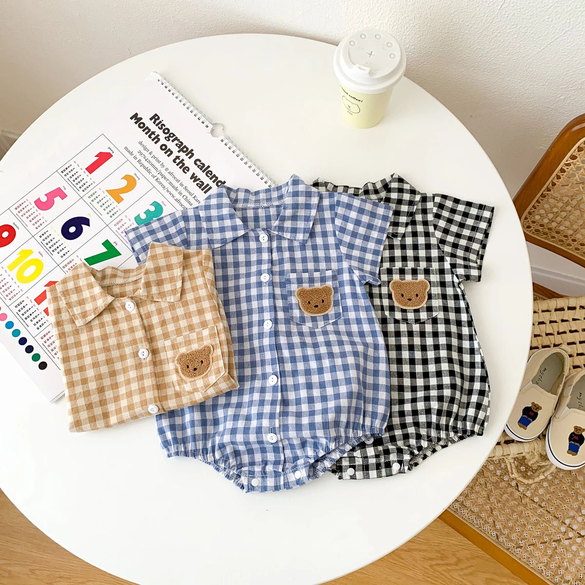 Baby Summer Clothes Boys Checked Bear Embroidered Shirt Collar Short-Sleeved Jumpsuit Children's Clothing