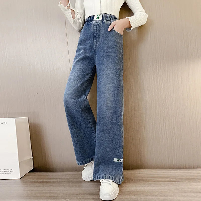 Teenage Girls Jeans 2026 Spring Autumn Casual Fashion Loose Blue Kids Leg Wide Pants School Children Trousers 6 8 10 12 Year