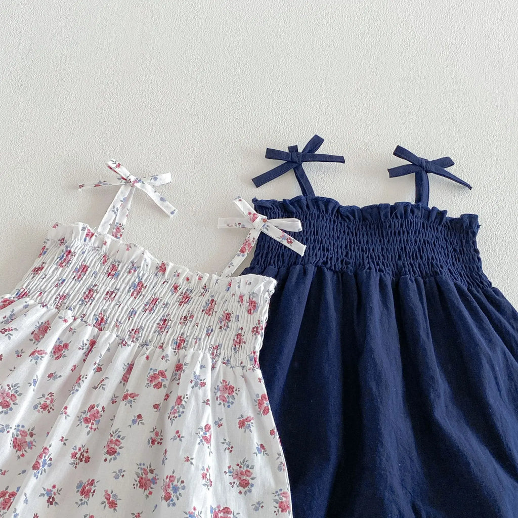 2026 New Summer 0-2Y Baby Clothes Fresh Floral/Solid Color Girls Romper with Bow Sling Smocked Elastic Waist Jumpsuit