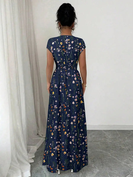 Women's Floral V-Neck Sleeveless Waist Cinched Maxi Dress Navy Blue Floral Summer Boho Holiday Tea Party