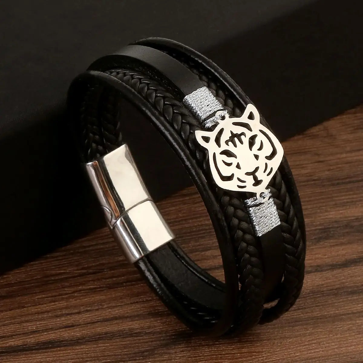 Classic 4-Layer Tiger Eye Stone Hand-Woven Leather Bracelets For Men Punk Fashion Alloy Magnetic Buckle Casual Bracelet Jewelry
