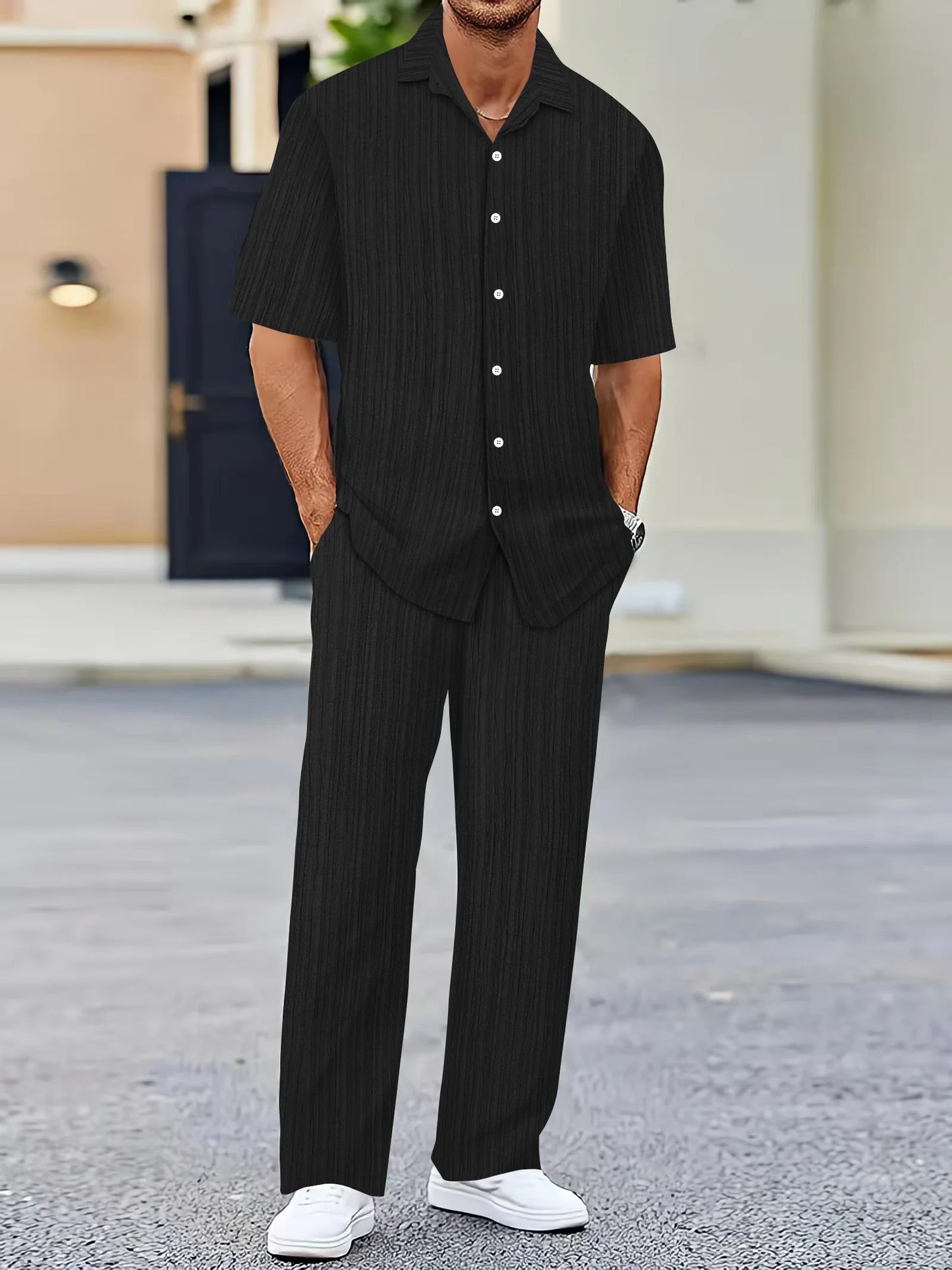 Men's casual suit, fashion comfortable linen solid color stand collar shirt street loose long sleeve two-piece