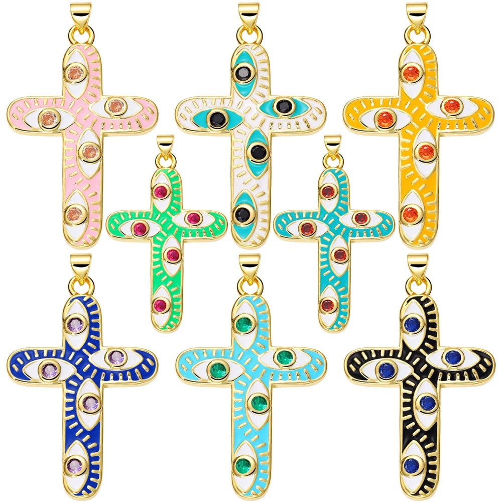 Juya 18K Real Gold Plated Handmade Decoration Cubic Zirconia Enamel Cross Pendant Necklace For Women Christian Jewelry Supplies