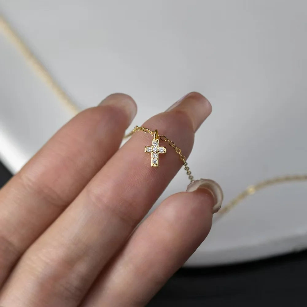 Jkeli 925 Sterling Silver Simple Pavé Crystal Cross Pendant Necklace Women Classic Temperament Wedding Party Jewelry  Gift